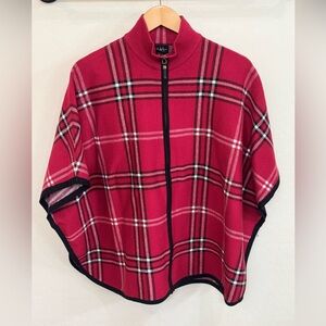 Nicole Miller Red Plaid Zip-Front Cape Sweater w/ Black Trim & Mock Neck